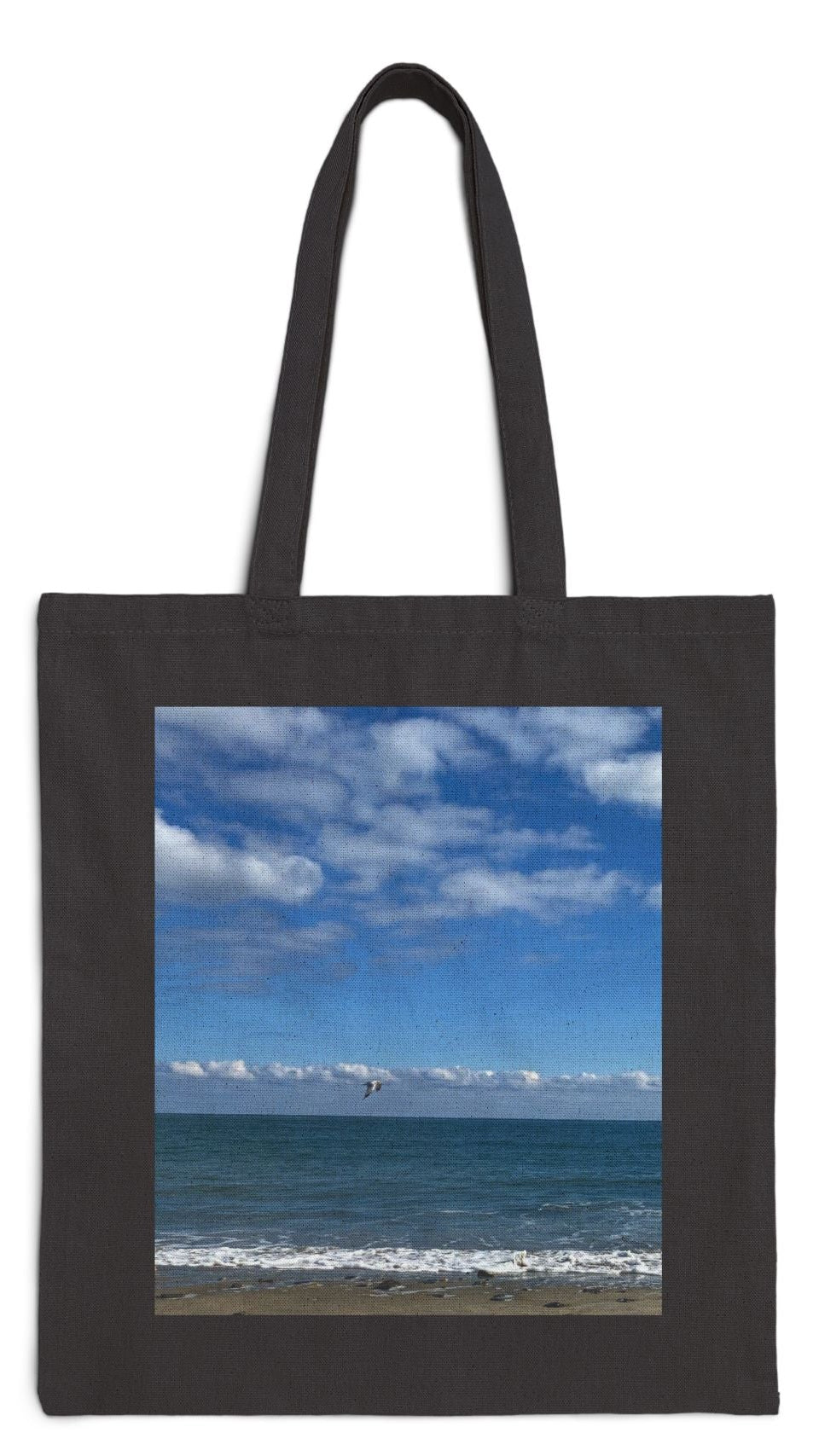 Everyday Tote Bag Black 15" x 16" Cotton Canvas Print on One Side. "Shore Bird"