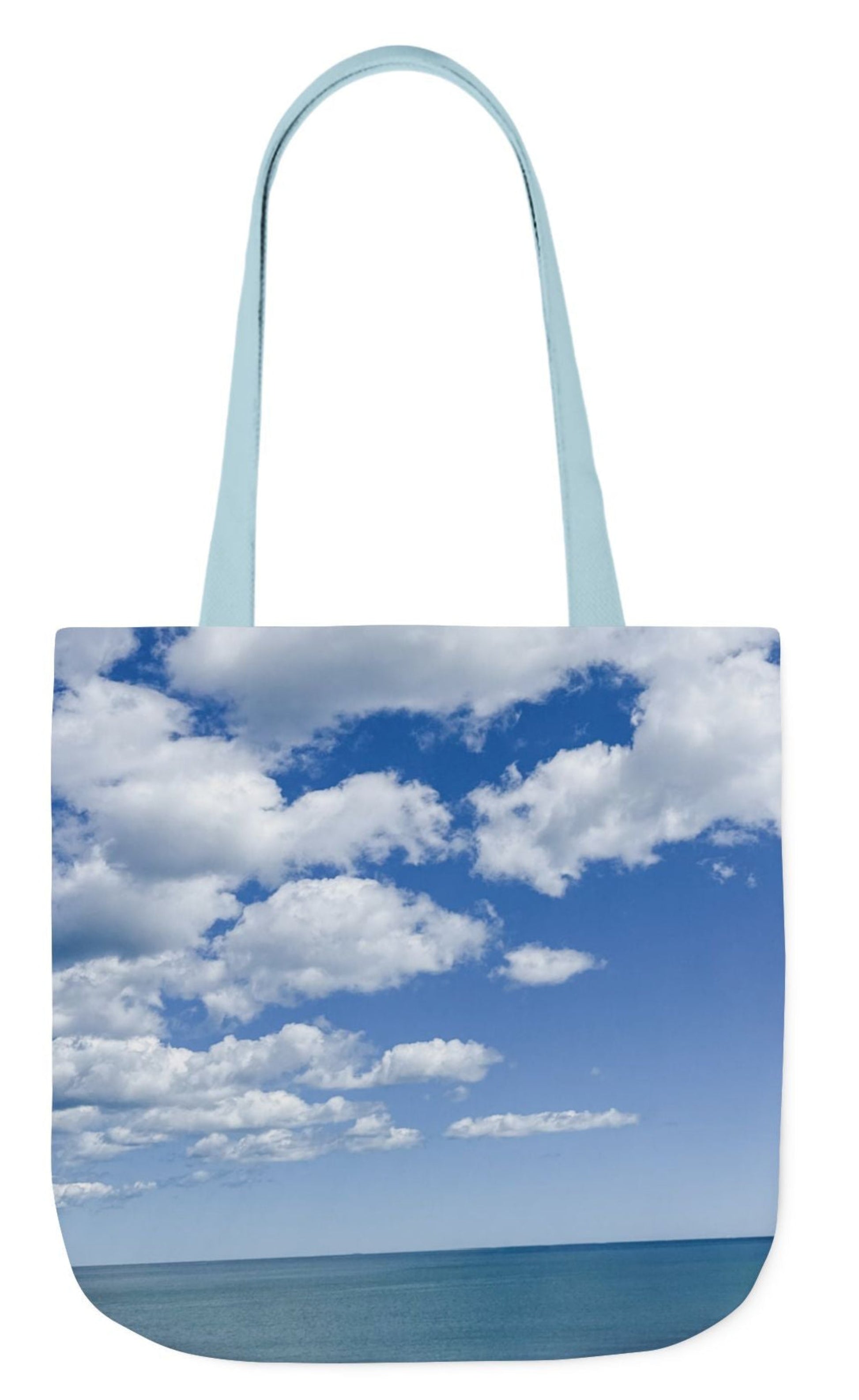 pet tote bag with seaside and bright white clouds blue handles 18x18