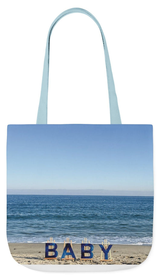Baby boy tote bag with coastal design and blue handles