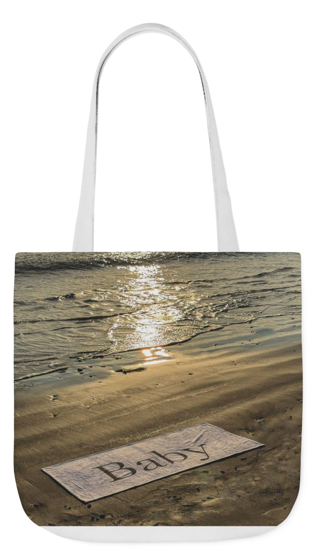 Baby Tote Bag 18" x 18" different print on each side. Handles color choice of White, Blue or Pink. "Daybreak & Sunny Seaside Baby Tote BagPersonalized"