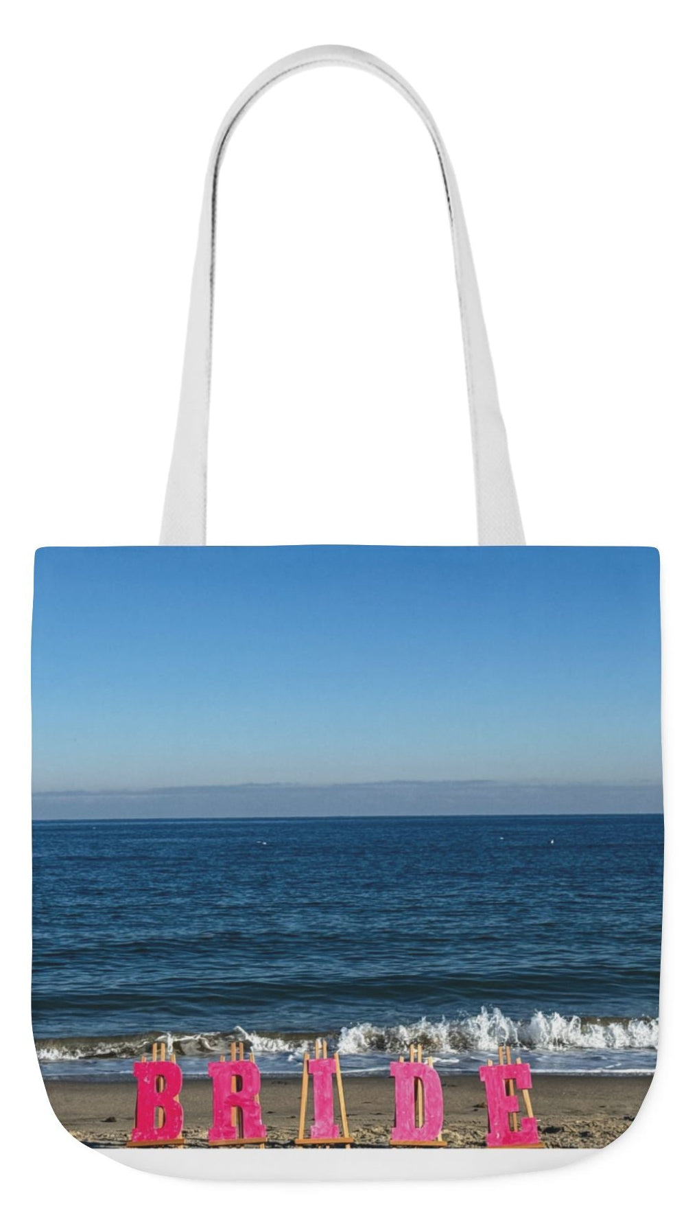 Bride Tote Bag 18" x 18" same print on each side. Pink or white handle choice. "Beach Bride Bag"