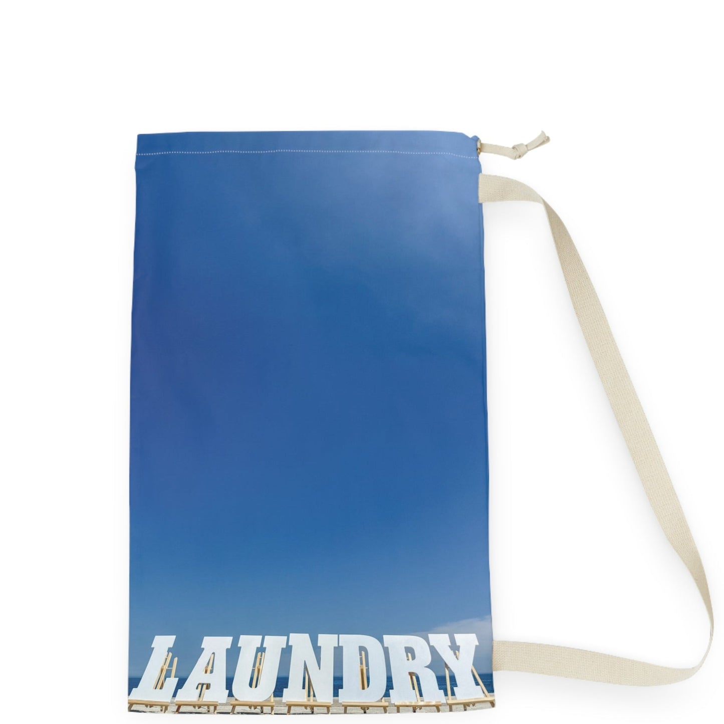 Laundry bag with shoulder strap and drawstring. Allover same print on both sides. "18 x 29". Shoreline Laundry Day".