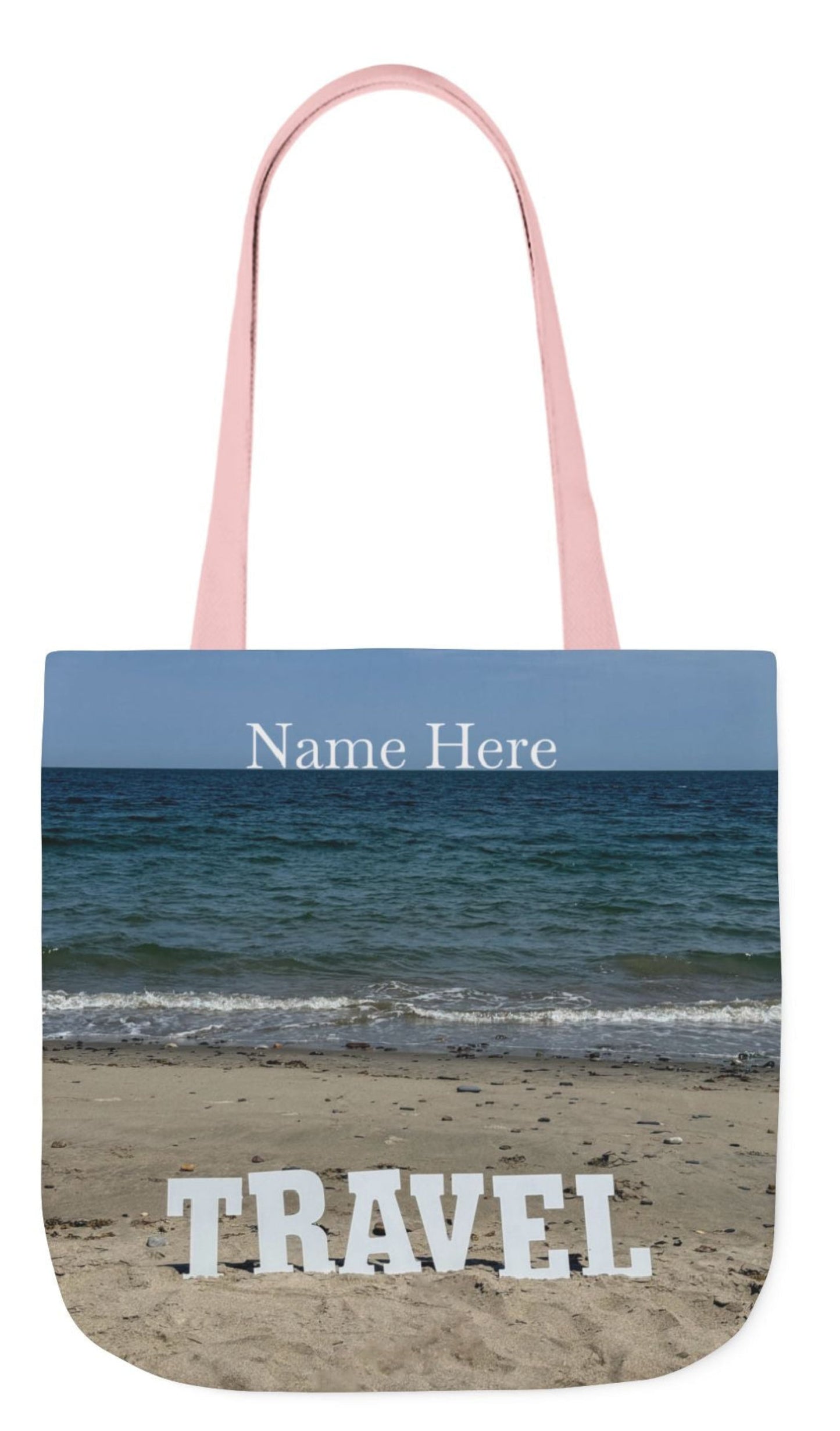 personalized travel tote bag with pink handles same beach scene on each side