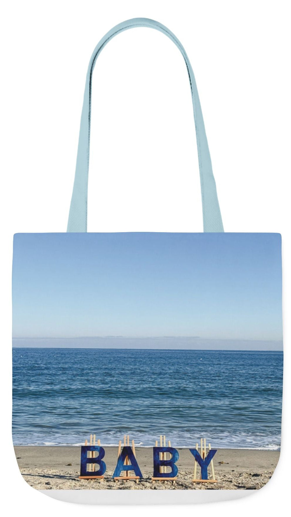 Baby Tote Bag (Blue Handles) 18” x 18”with the same print on each side. Blue or White handles. "Beach Baby Tote Bag".