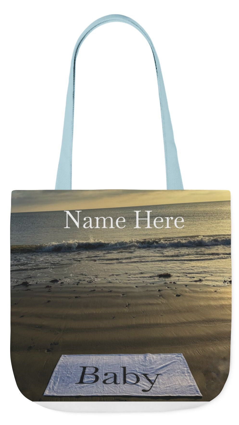 Baby Tote Bag 18" x 18" same print on each side. White, Blue or Pink Handles Option. "Daybreak Baby Tote Bag Personalized"