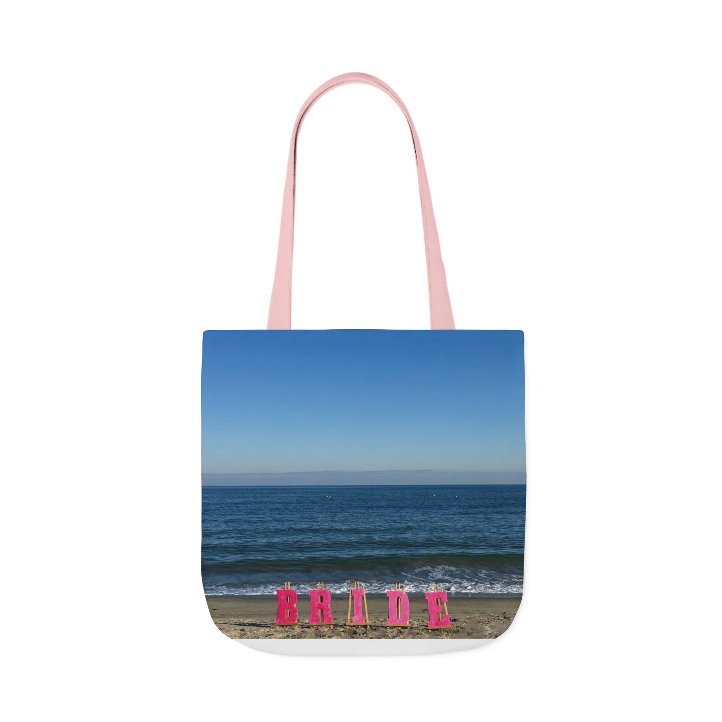 Bride Tote Bag 18” x 18” different print on each side. Pink or White Handles option. “Seaside & Beach Bride Bag”