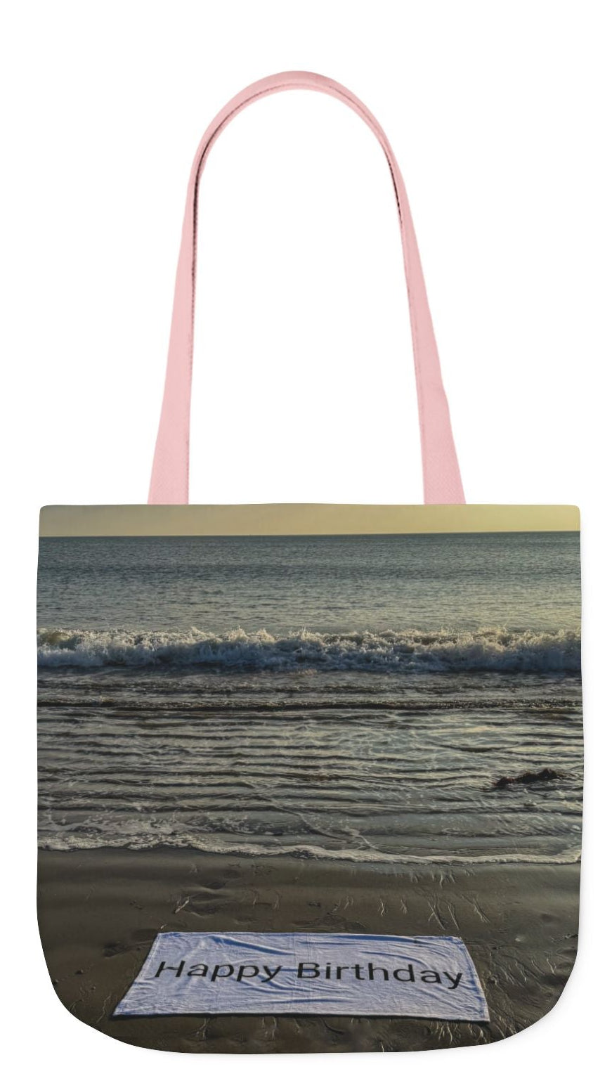 Birthday Tote Bag 13” x 13” different print on each side. 3 Handle Color Options. “Beachfront Birthday Bag”