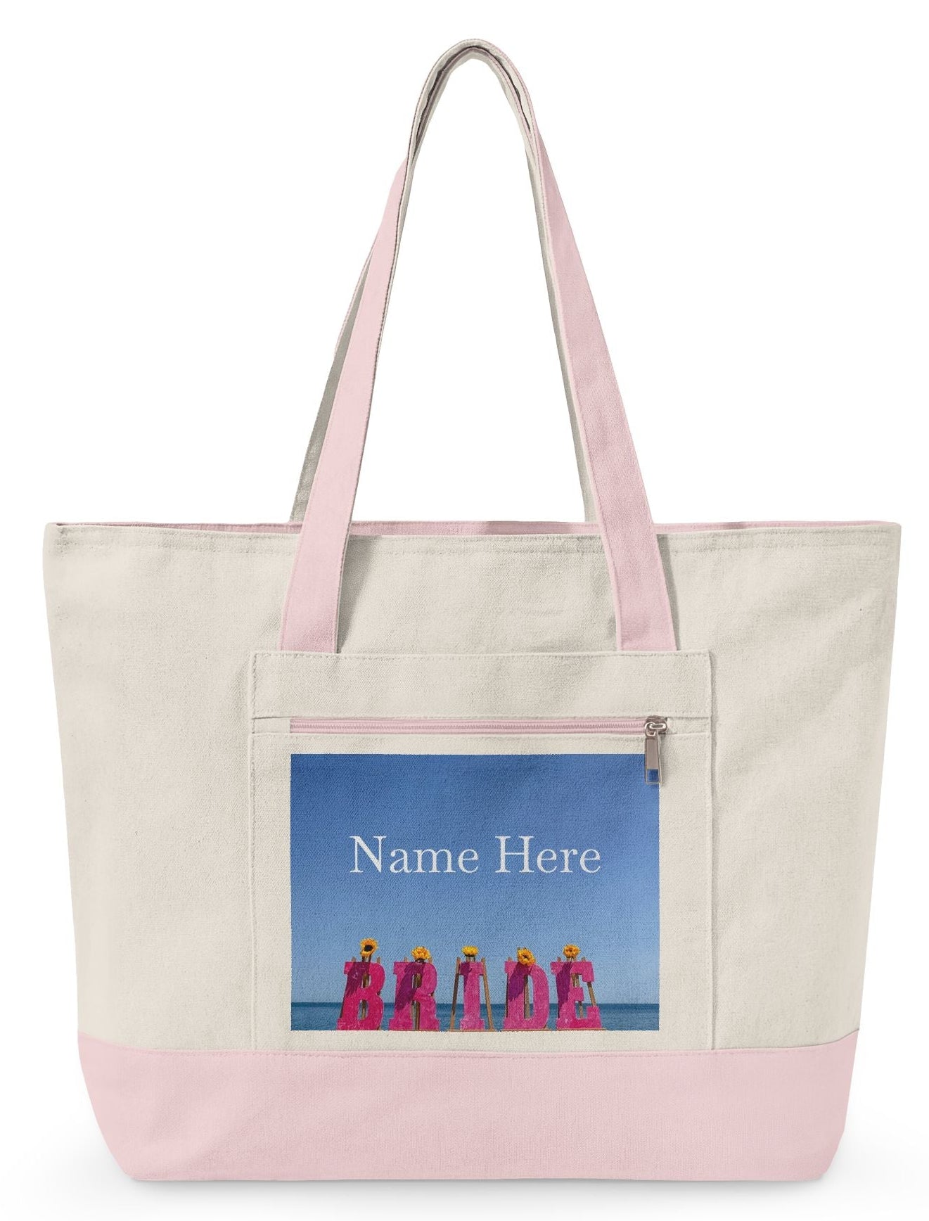 Personalized Bride Tote Bag with Zippers and Pink Highlights. "Beachfront Bride Bag"