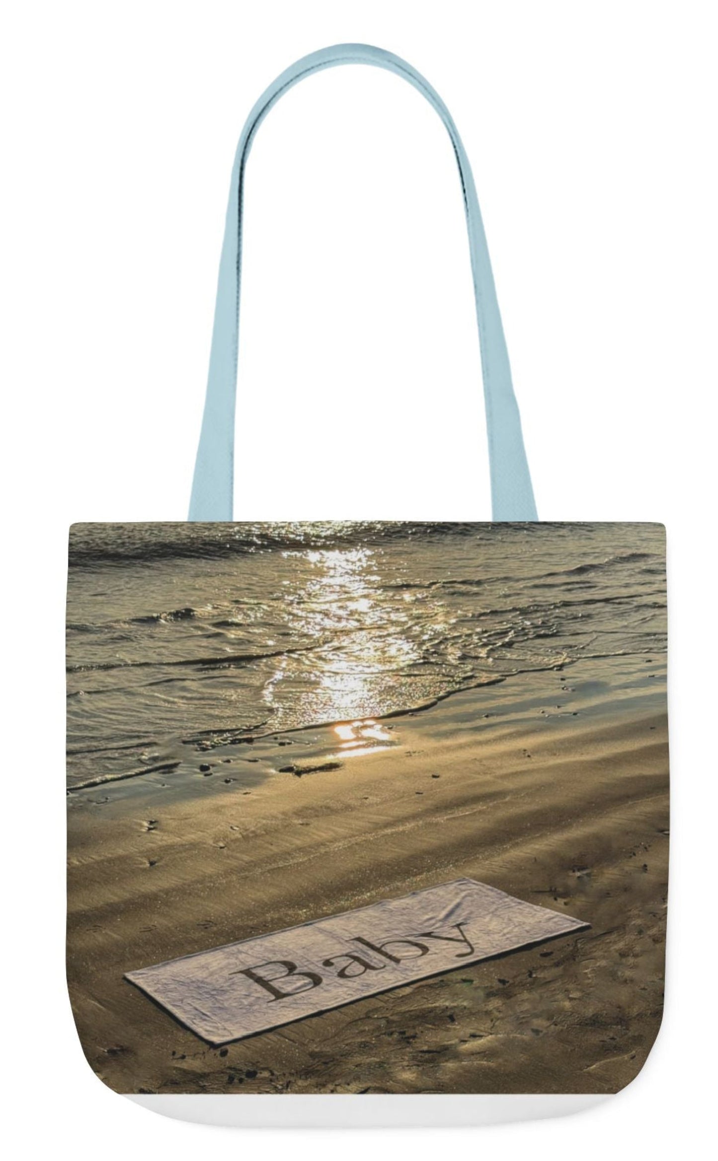 baby tote bag different print each side blue handles 18" x 18" beach theme