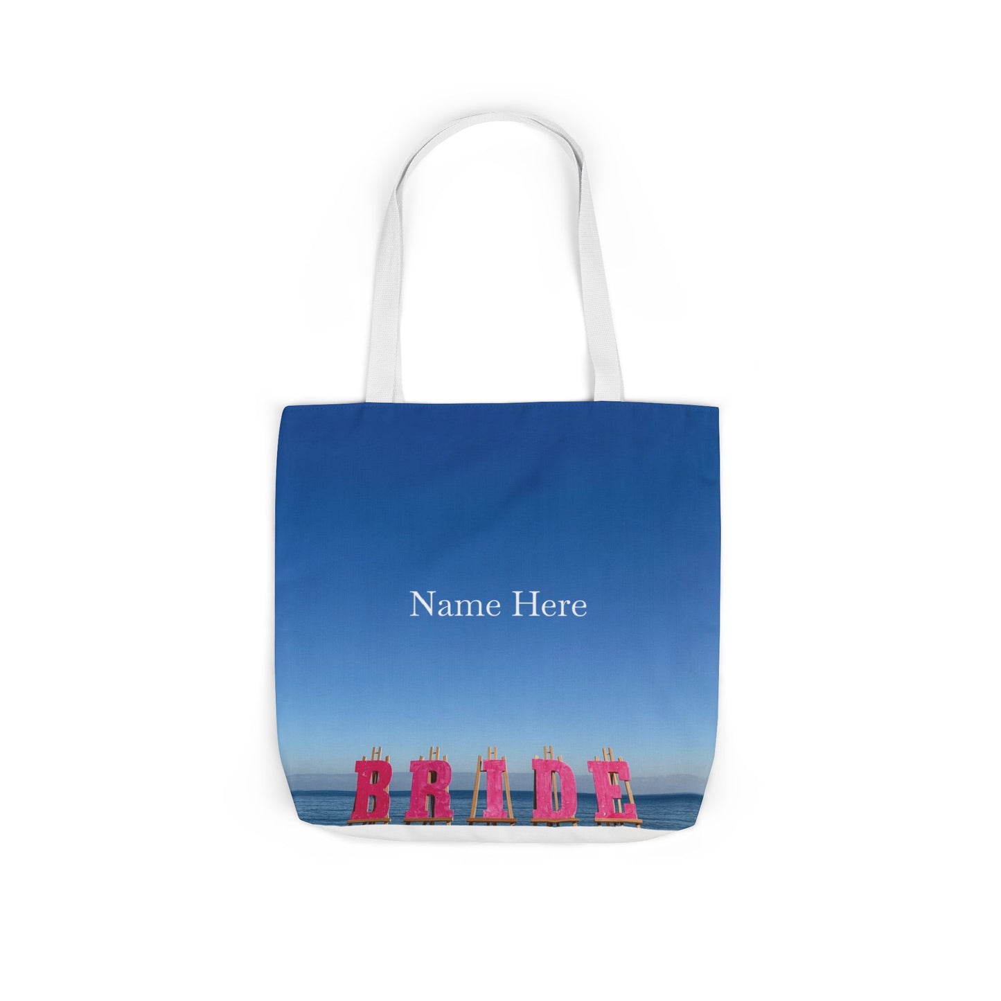 Bride Tote Bag 18" x 18" same print on each side. Pink or white handle choice. "Seaside Bride Bag Personalized"
