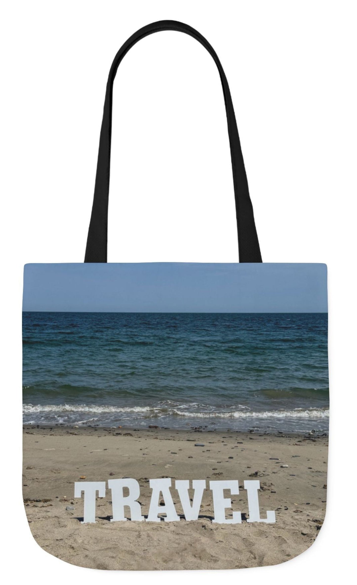 Travel tote bag black handles matching beach scene on each side