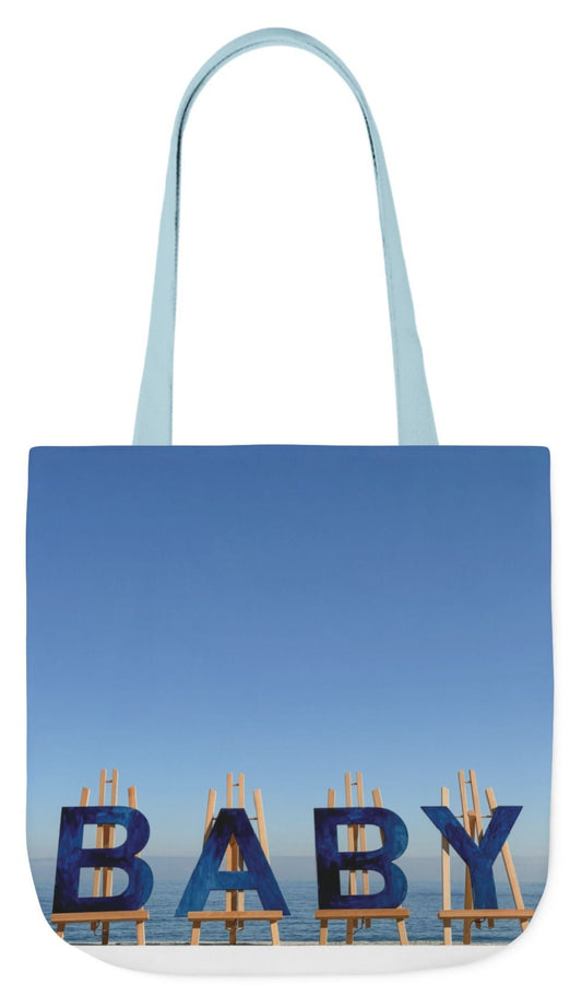 baby boy tote bag baby gift, blue handles, 18" x 18" double sided print