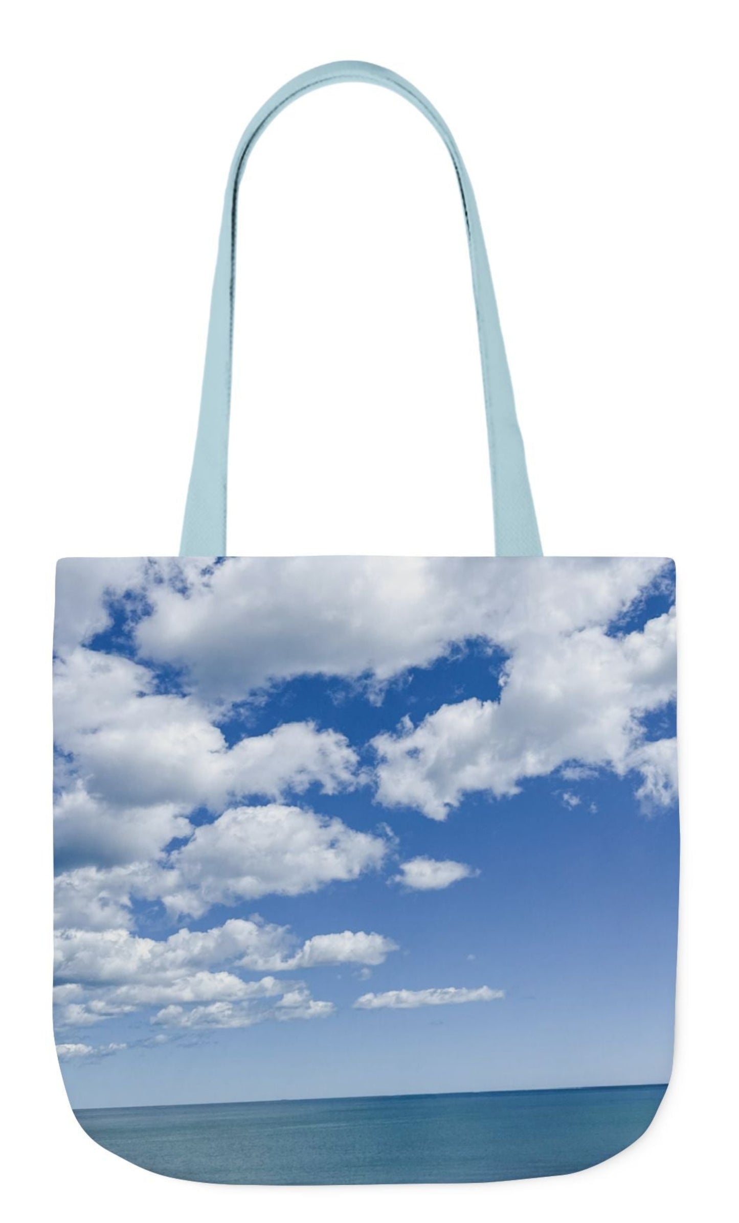 back of personalized bride tote bag with blue handles