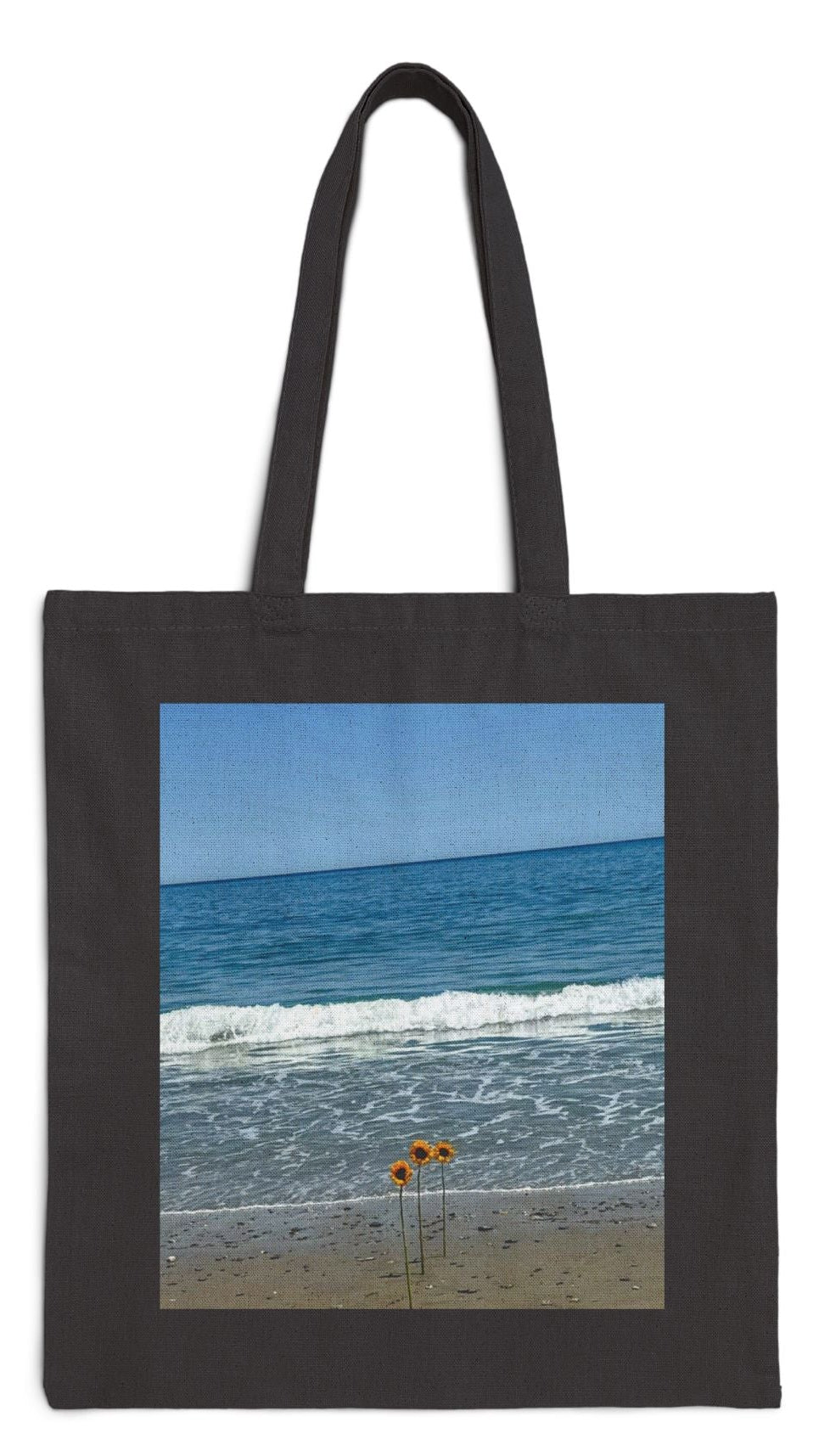 Floral Tote Bag Black 15" x 16" Cotton Canvas Print on One Side. "Beachfront Flowers "
