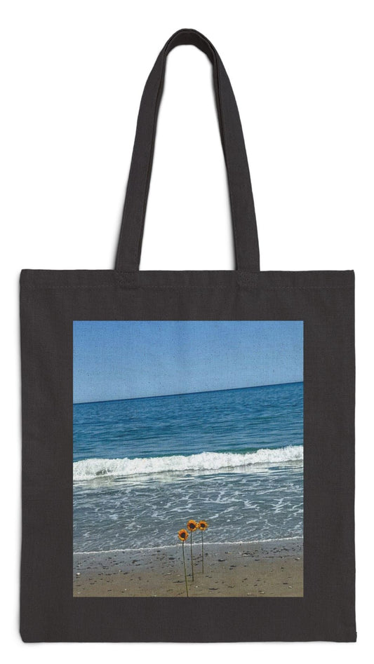 Floral Tote Bag Black 15" x 16" Cotton Canvas Print on One Side. "Beachfront Flowers "