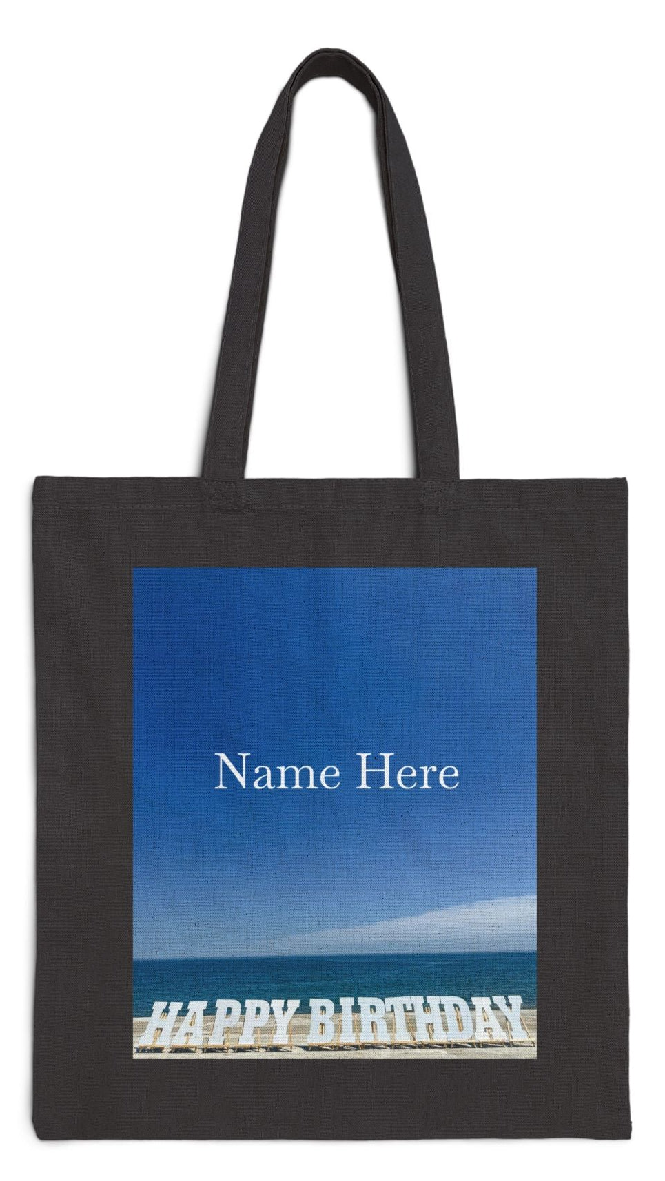 Birthday Tote Bag Black 15" x 16" Cotton Canvas Print on One Side. "Shoreline Birthday Personalized"