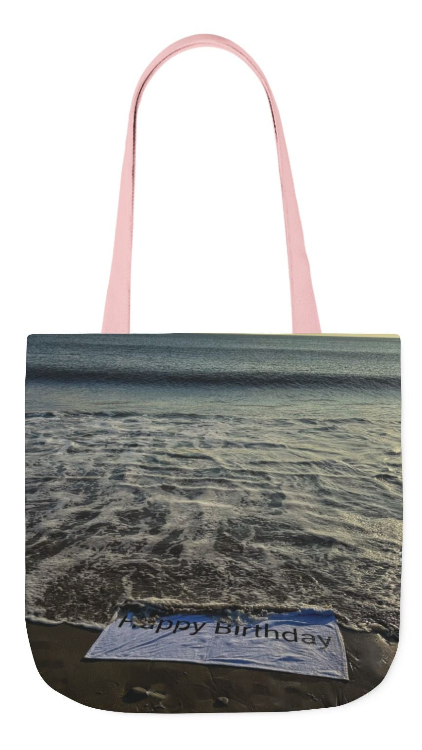 Birthday Tote Bag 13” x 13” different print on each side. 3 Handle Color Options. “Beachfront Birthday Bag”
