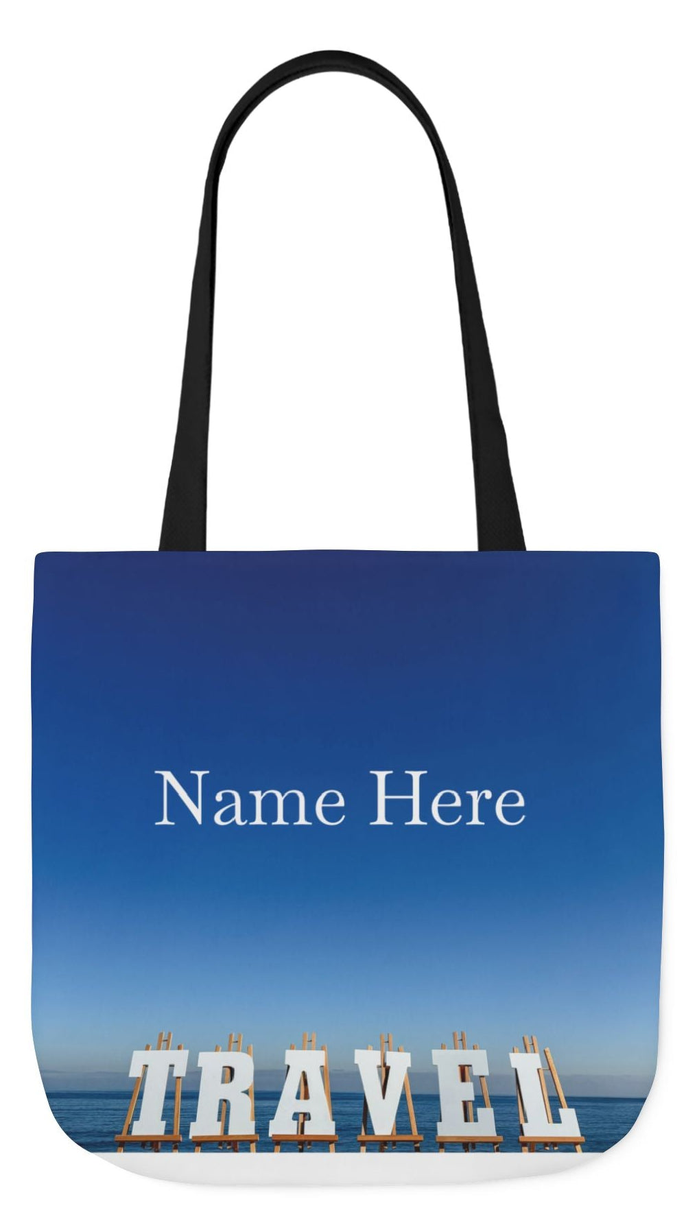 Travel Tote Bag 18” x 18” different print on each side. 5 handle color options. “Seaside & Beach Travel Bag Personalized”