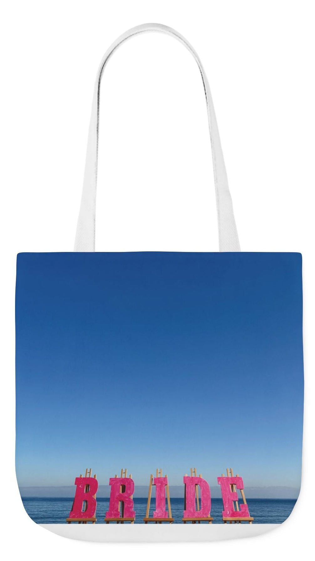 Bride Tote Bag 18" x 18" with allover same print on each side. Pink or white handle choice. "Seaside Bride Bag"
