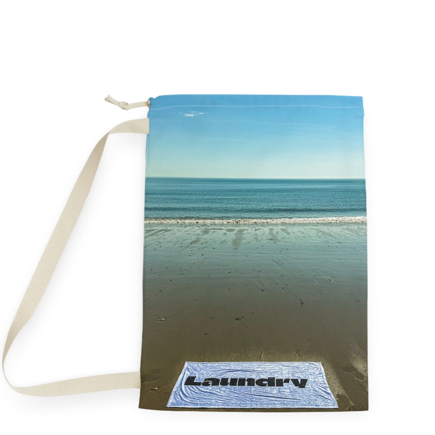 Laundry Bag with Shoulder Strap and Drawstring. Same print on both sides. "28 x 36". "Laundry Day at the Shore"