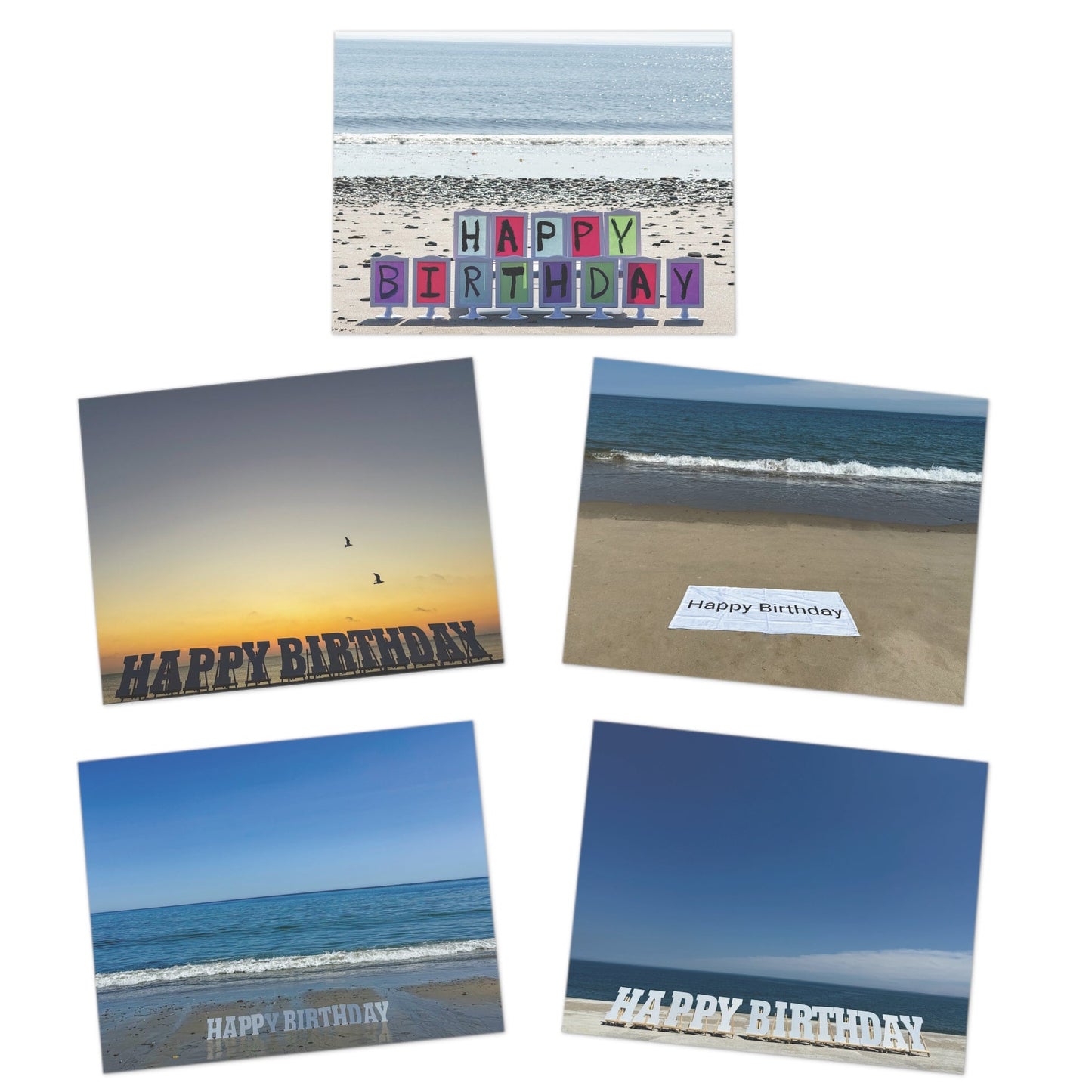 Set of 5 Different Coastal Birthday Cards with envelopes.
