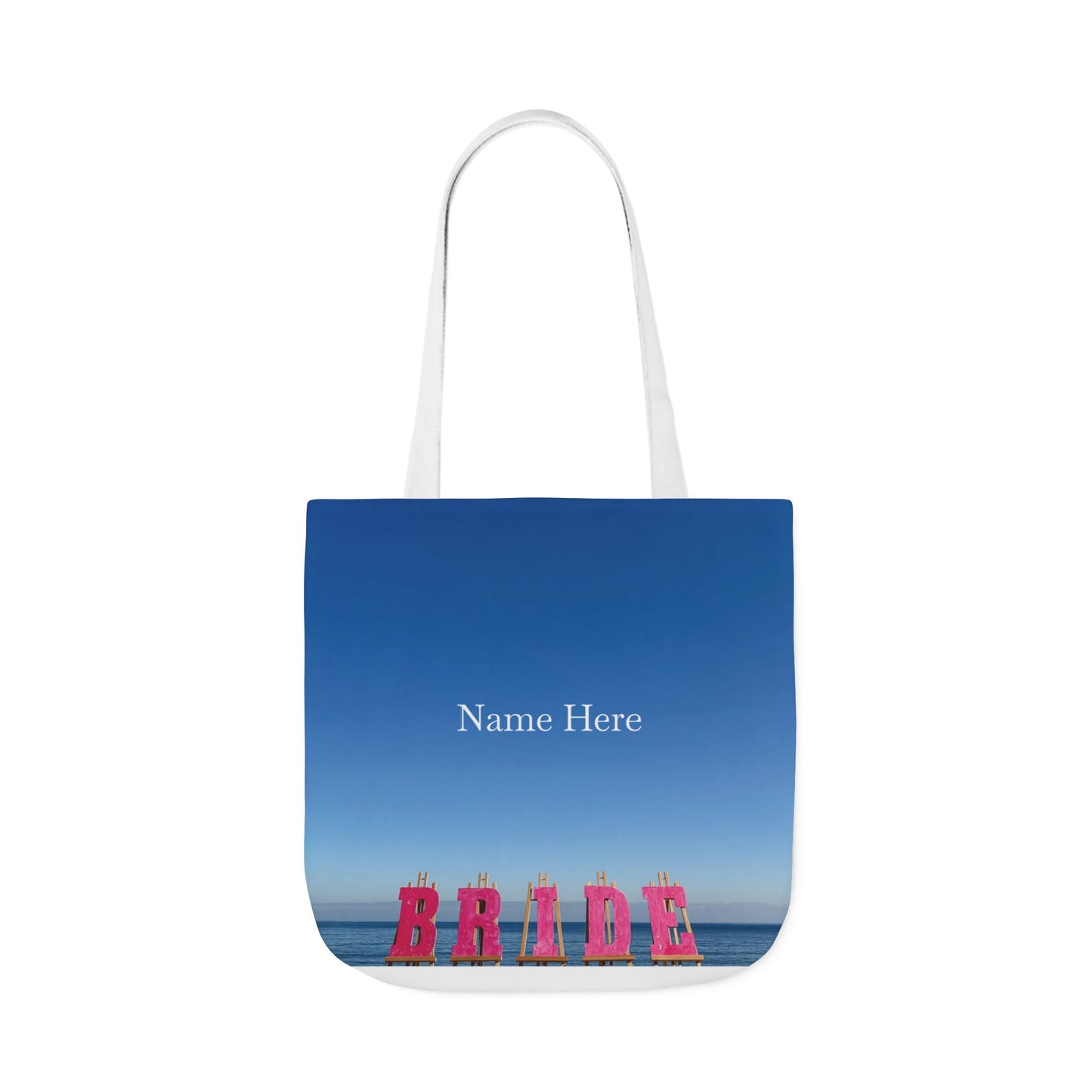 Bride Tote Bag 18" x 18" same print on each side. Pink or white handle choice. "Seaside Bride Bag Personalized"