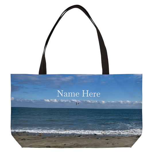 Beach Weekender Tote Bag 24" x 13" with Different Print on Each Side. "Shore Bird & Big Waves"(Personalize it)
