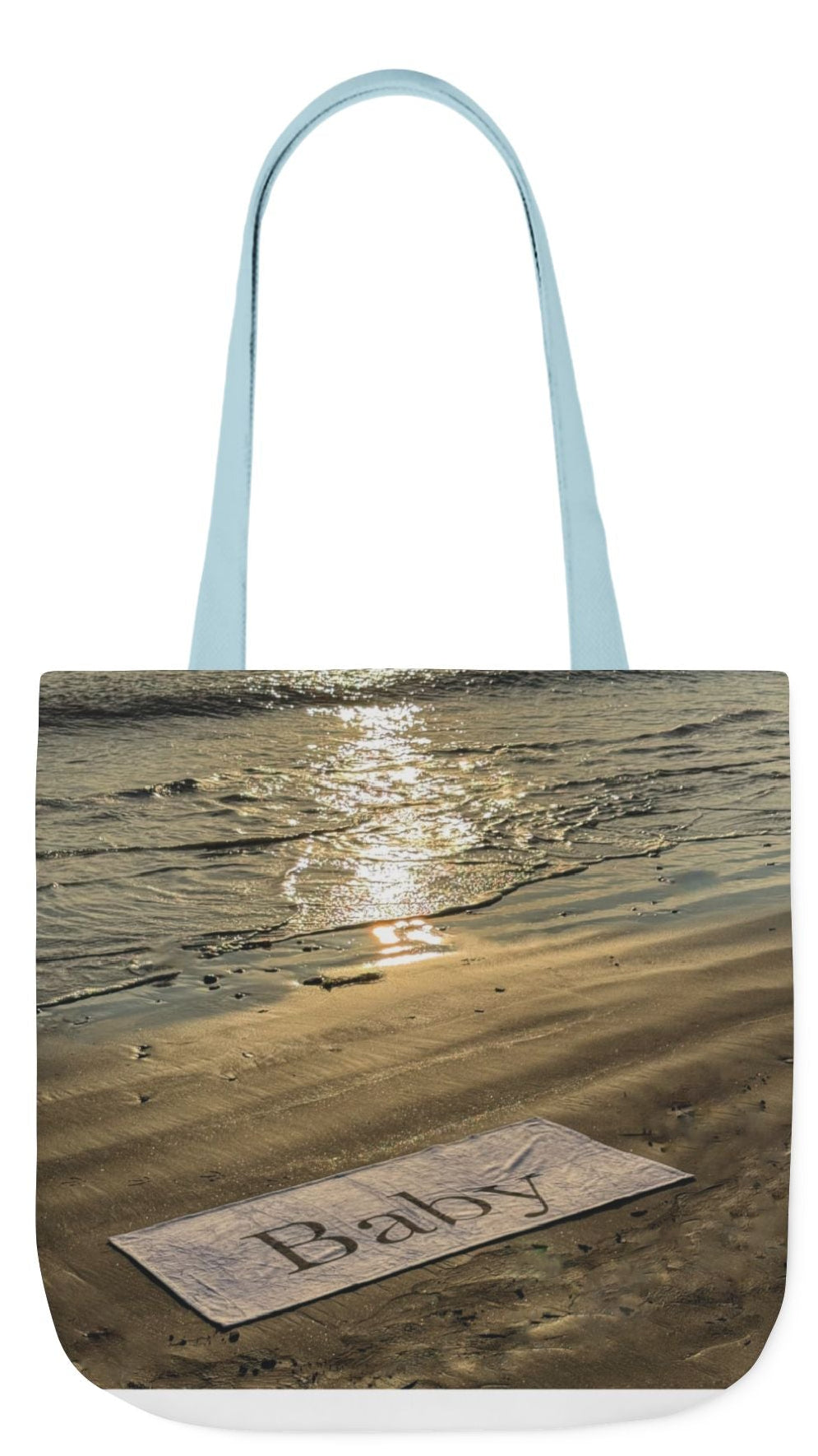 Baby Tote Bag 18" x 18" different print on each side. Handles color choice of White, Blue or Pink. "Daybreak & Sunny Seaside Baby Tote BagPersonalized"