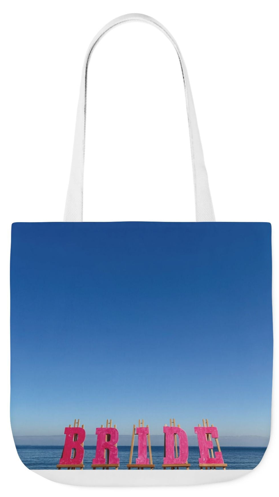 Bride Tote Bag 18" x 18" with allover same print on each side. Pink or white handle choice. "Seaside Bride Bag"