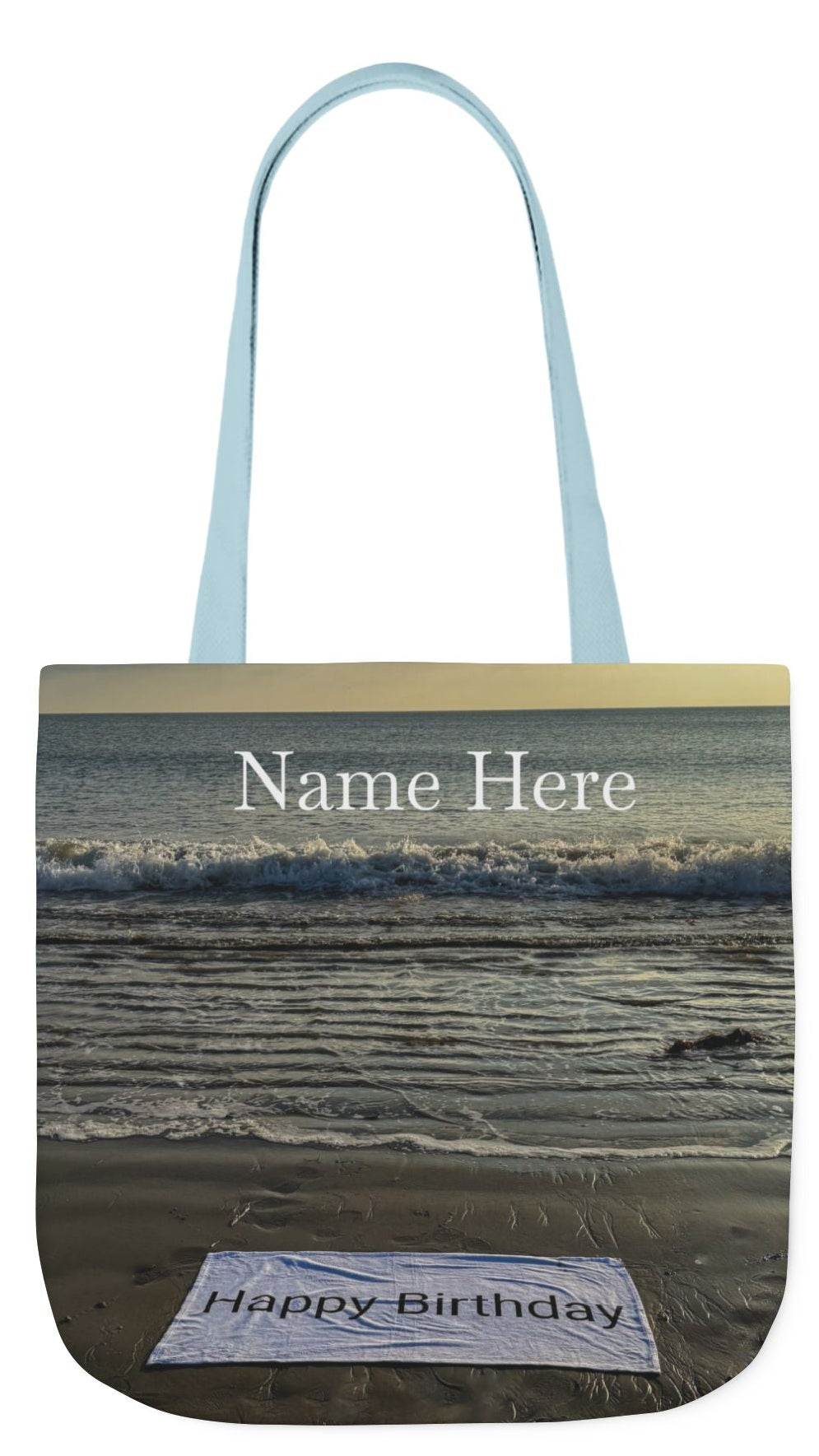 Birthday Tote Bag 18” x 18” different print on each side. 3 Handle Color Options. “Beach & Beachfront Birthday Bag Personalized”