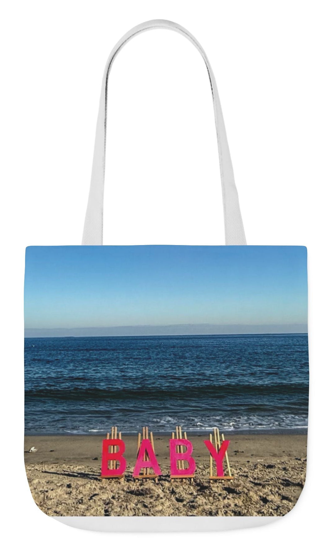 back of personalized baby tote bag beach theme white handles different print on each side 18" x 18"