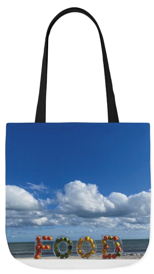 Food Tote Bag 18" x 18" with the Same Print on Both Sides and 4 handle color options (Black, Blue, Pink, White). "Beachy Food Bag"