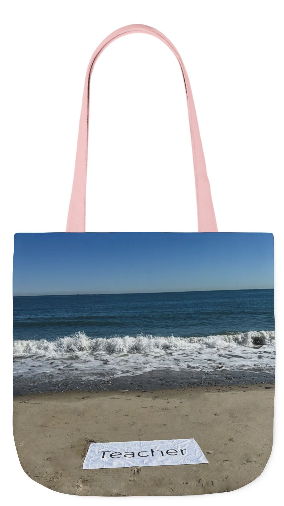 Teacher Tote Bag 18” x 18”  same print on each side. 5 Handle Color Options. “Beachfront Teacher Bag”