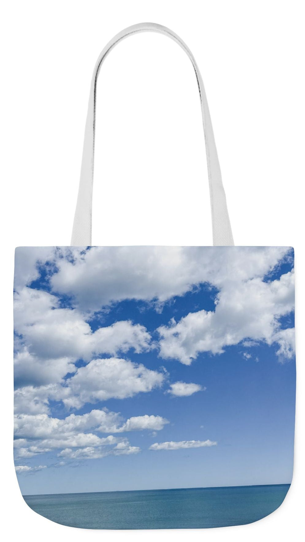 Personalized Everyday Tote Bag 18” x 18” same print on each side. 3 Handle Color Options. “Seaside Bright Clouds”