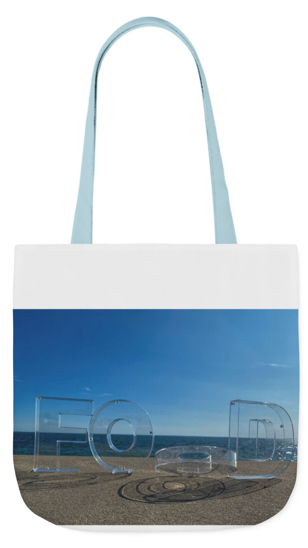 Food Tote Bag 18" x 18" Different Print on each side. 4 Handle Color Choices. "Seaside Food Reflections"