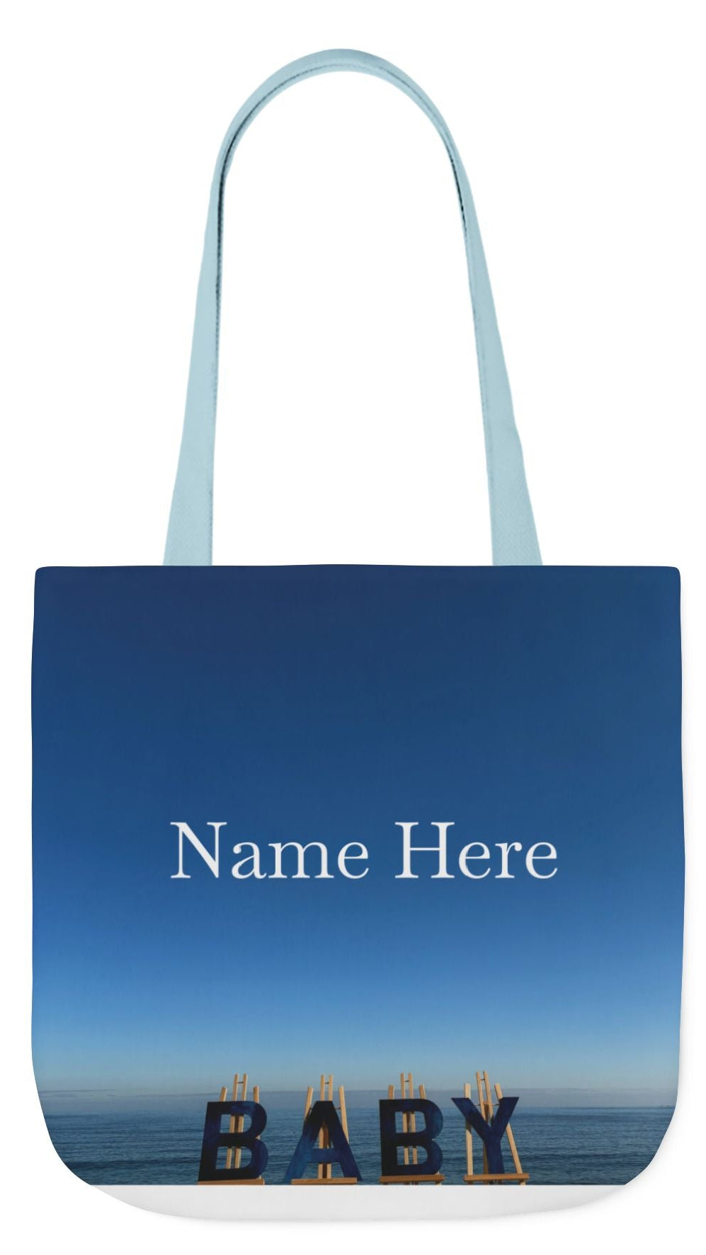 Baby Tote Bag 18” x 18” different print each side and choice of blue or white handles. "Shoreline & Beach Baby Tote Bag Personalized"