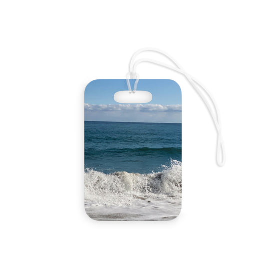Plastic Luggage Tag Different Print on each side with a Glossy Finish and clear Acrylic tie. "Big Waves & Shore Bird Travel Tag"