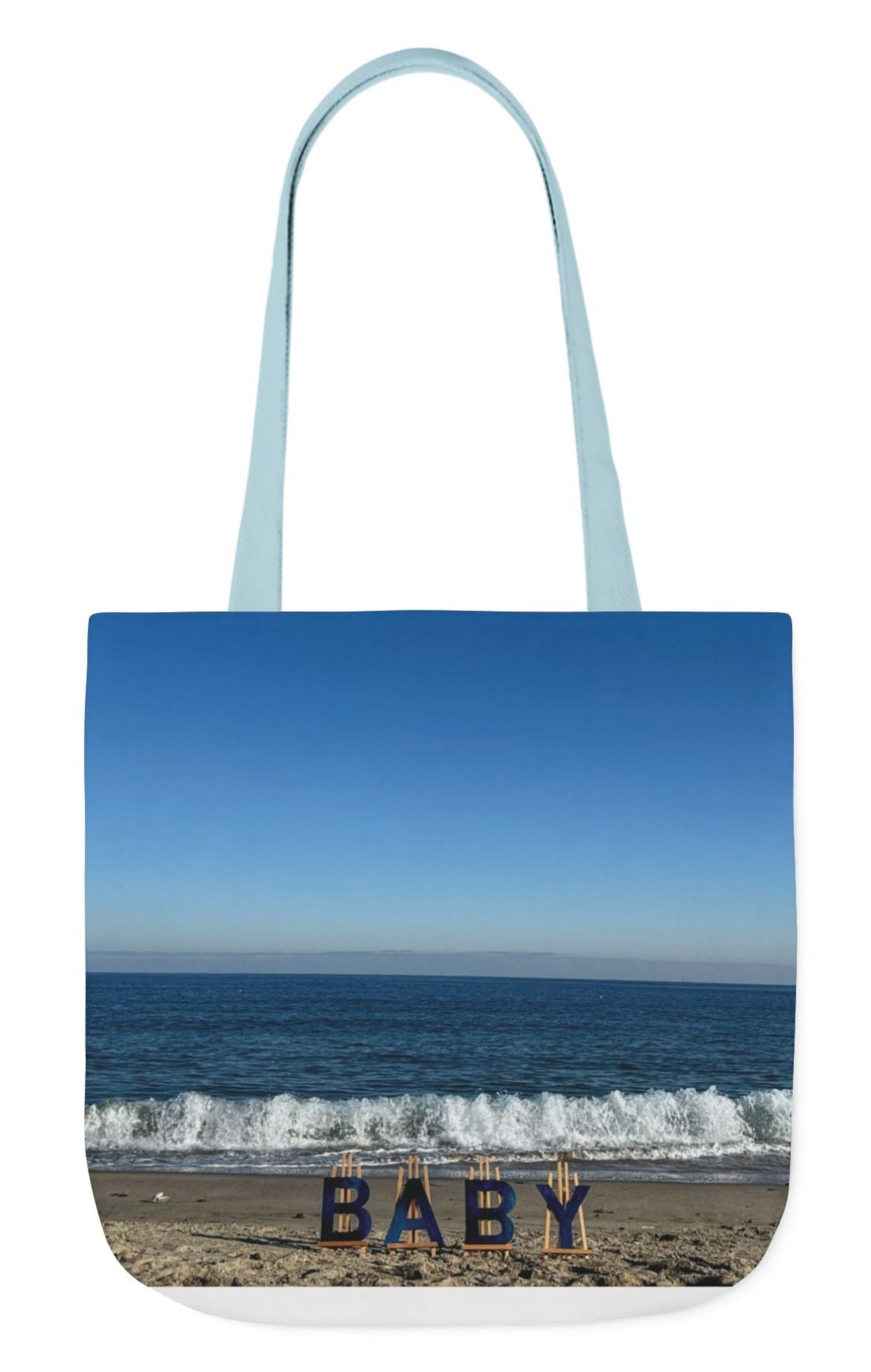 baby tote bag different print on each side 18" x 18" blue handles beach theme