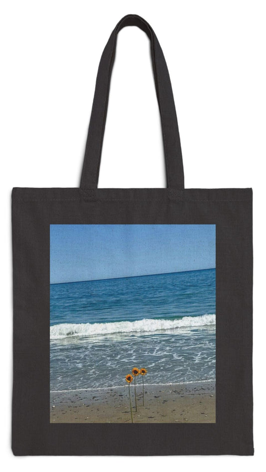 Floral Tote Bag Black 15" x 16" Cotton Canvas Print on One Side. "Beachfront Flowers "