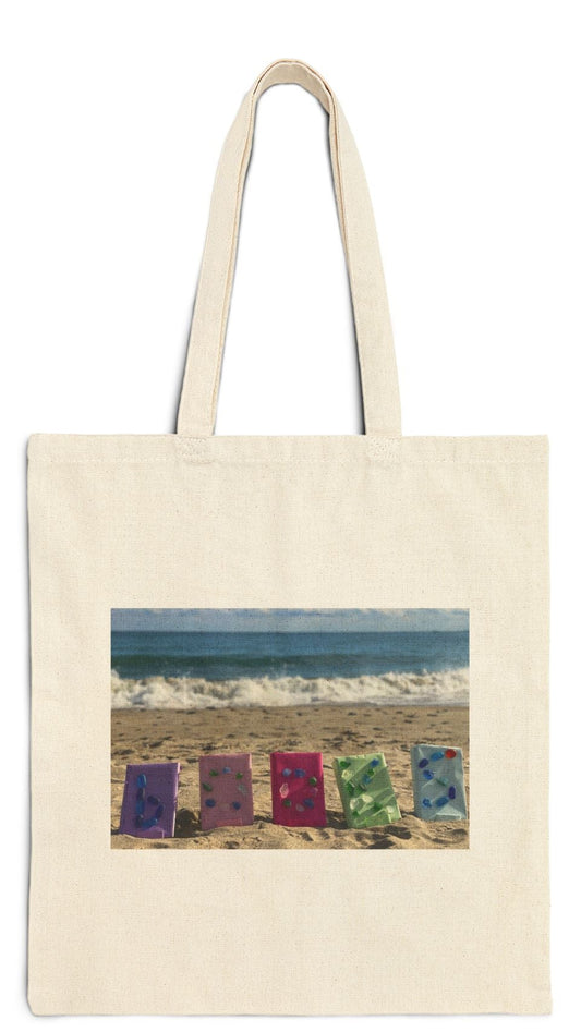 Book Tote Bag Natural Color 15" x 16" Cotton Canvas Print on One Side. "Books on the Sand"