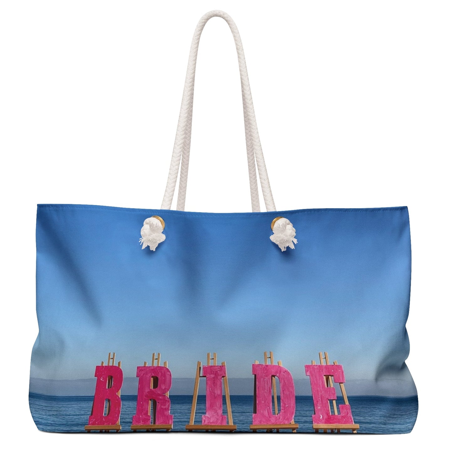 Bride Weekender Bag same print on each side and rope handles. "24 x 13". "Seaside Bride Weekender Bag".