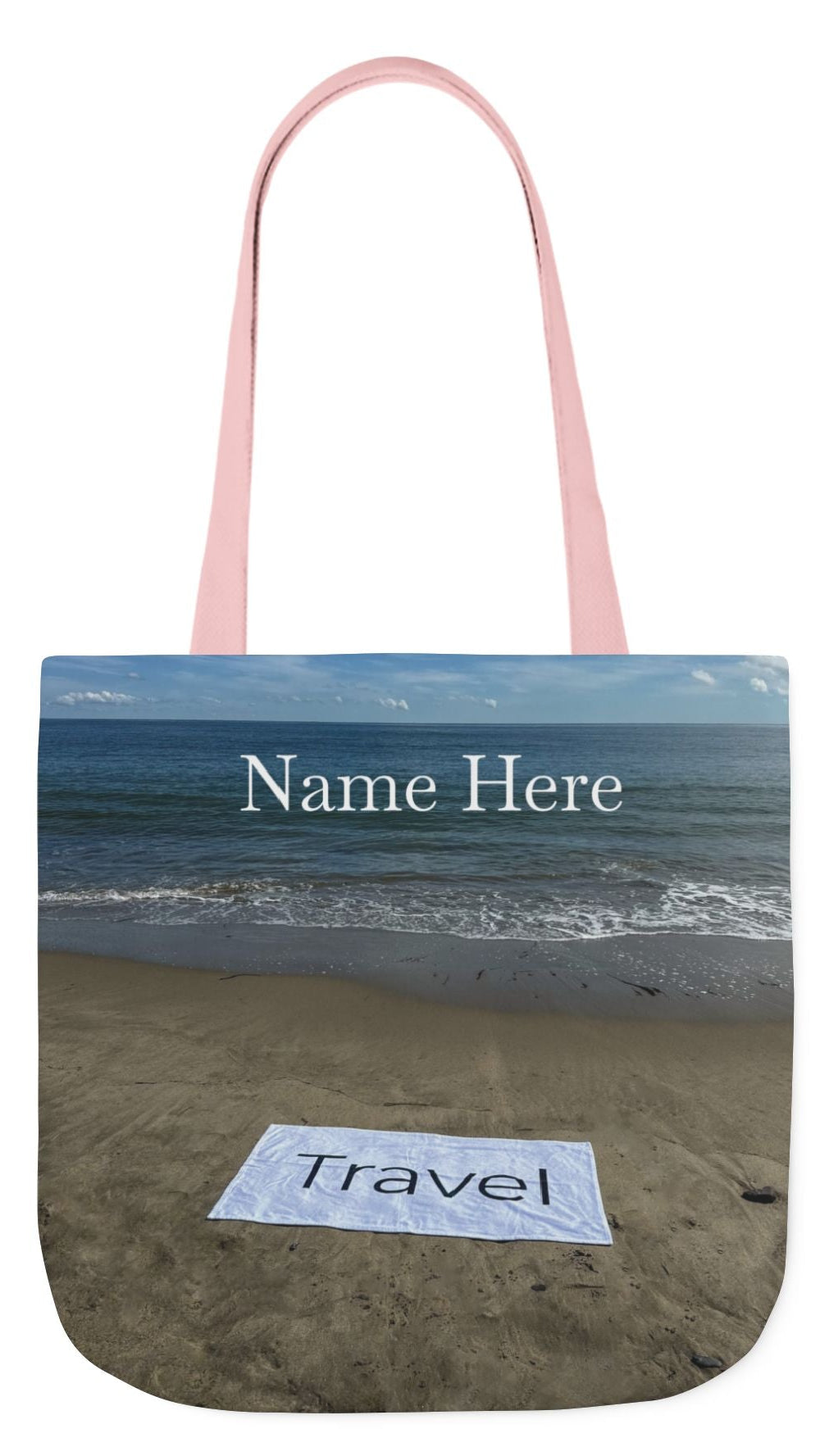 Travel Tote Bag 18” x 18” same print on each side. 4 Handle Color Options. “Beachfront Travel Bag Personalized”