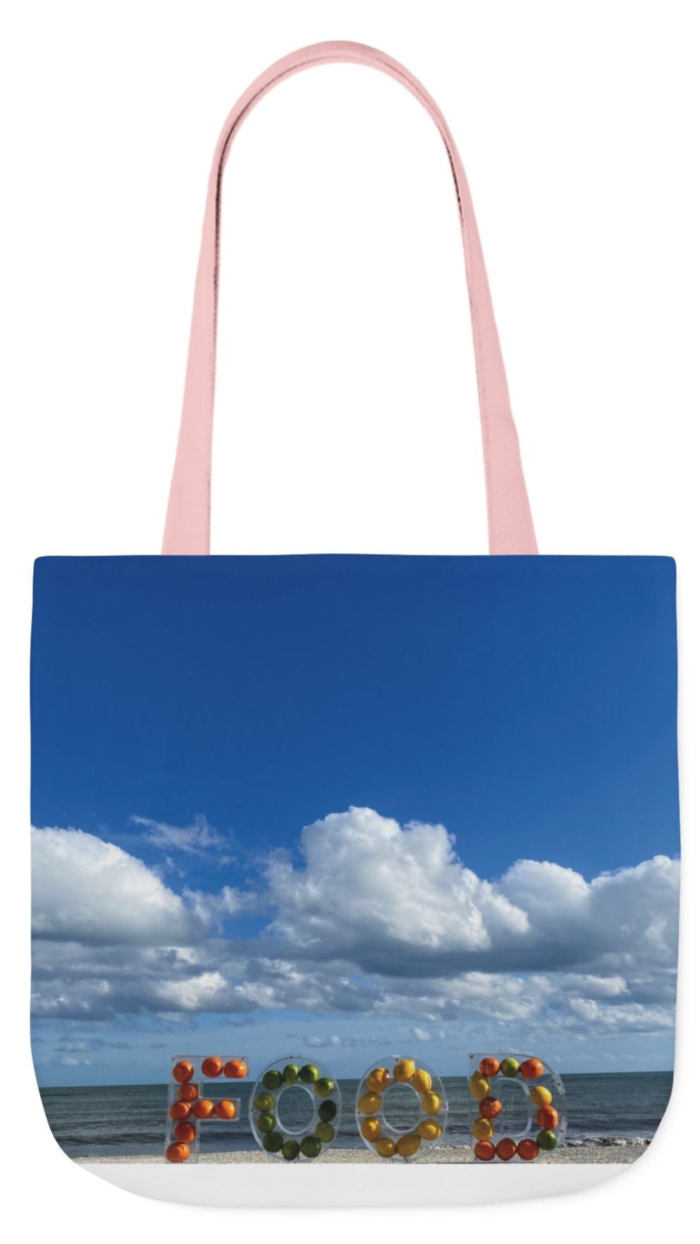 Food Tote Bag 18" x 18" with the Same Print on Both Sides and 4 handle color options (Black, Blue, Pink, White). "Beachy Food Bag"