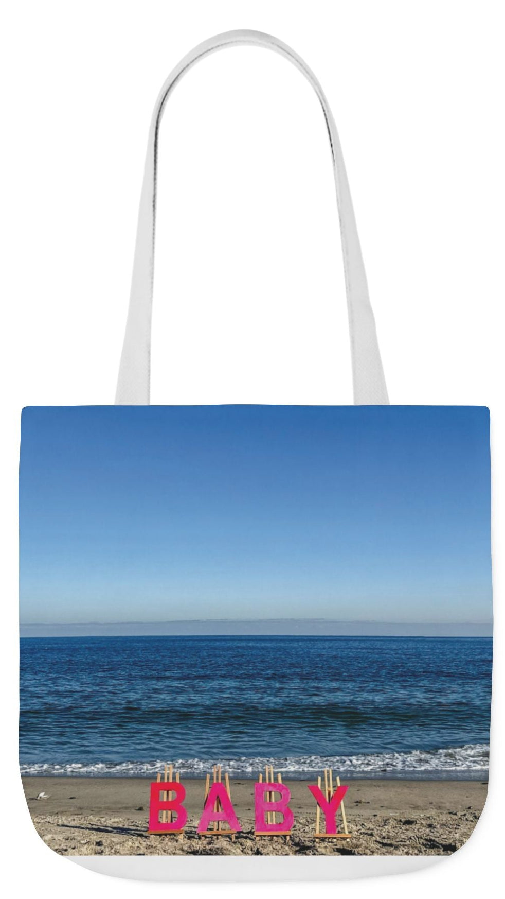 Baby Tote Bag (Pink Handles) 18”x 18” same print on each side with pink or white handle options. “Beach Baby Tote Bag”.