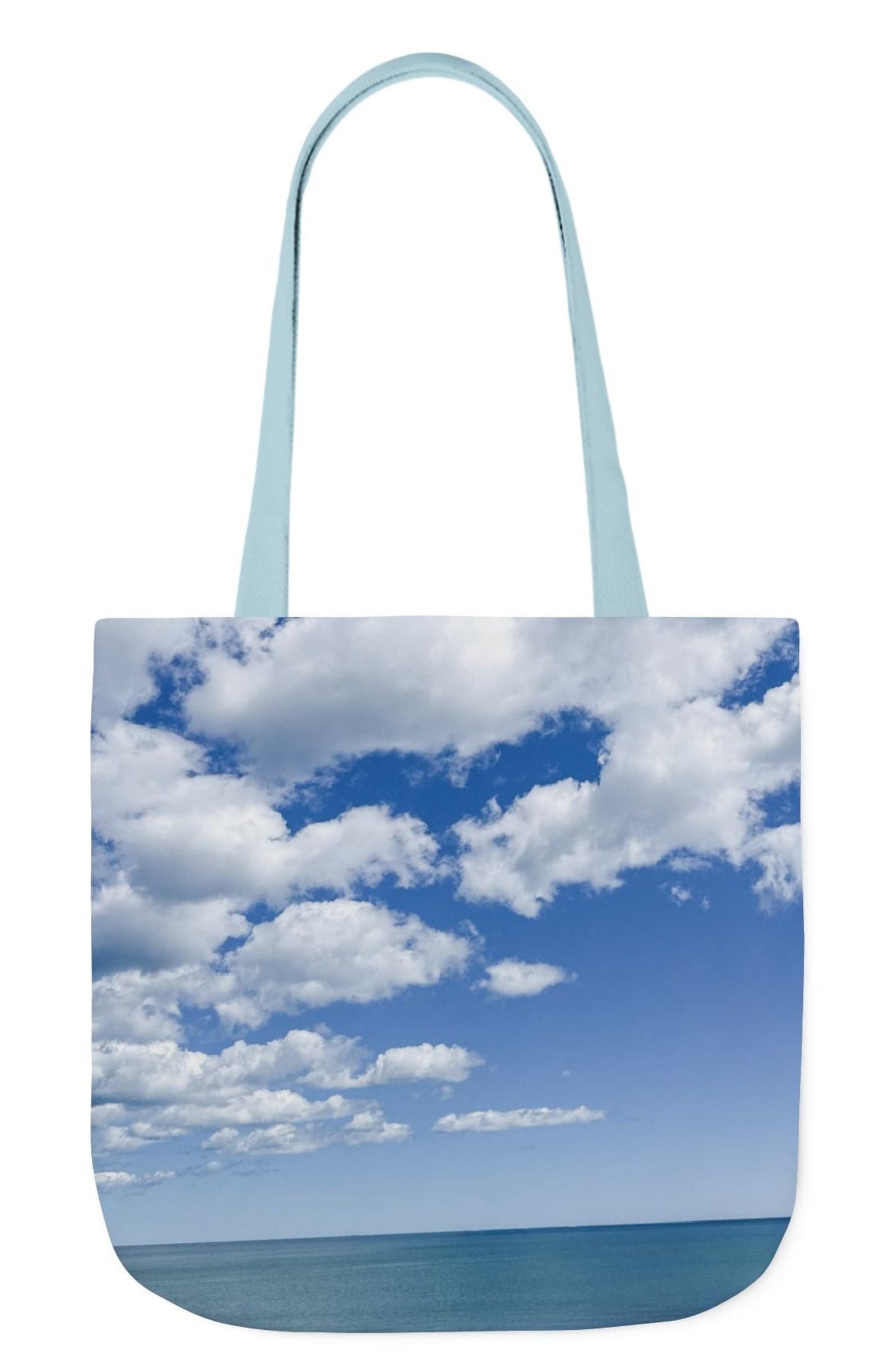back of pet's name tote bag seaside bright clouds blue handles 18 x 18