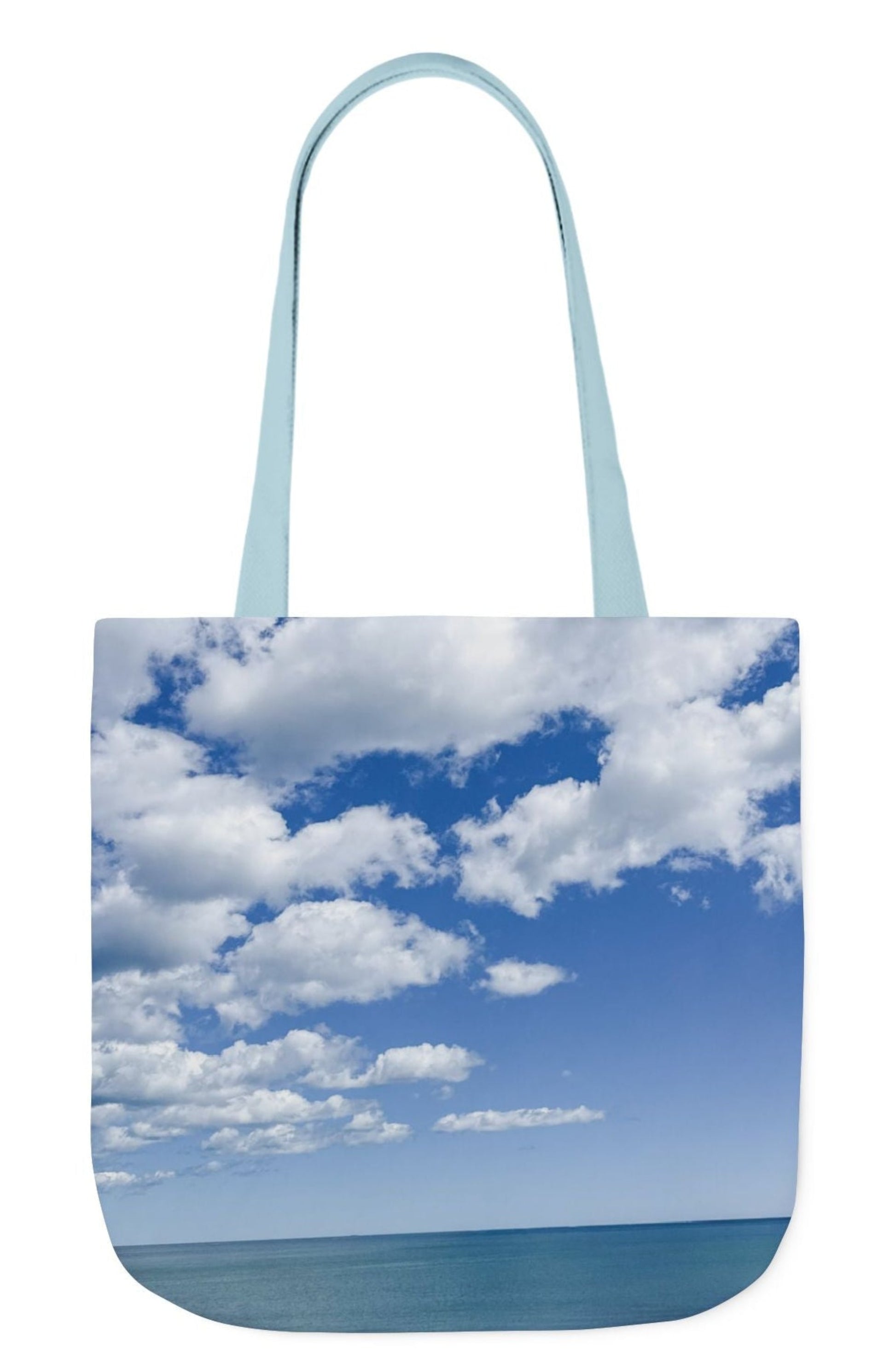 back of pet's name tote bag seaside bright clouds blue handles 18 x 18