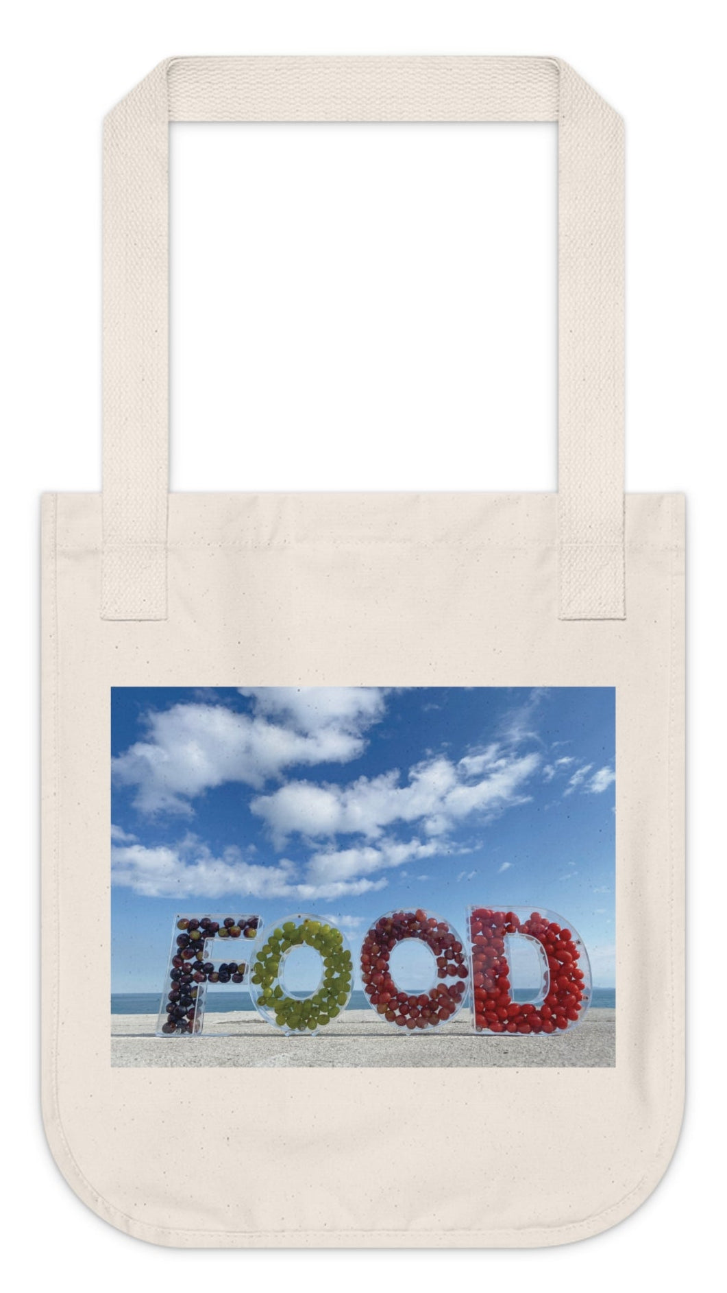 Food Tote Bag Organic Cotton Canvas"14.50 x 12.50" (Print on One Side) Colors: Natural, Black, Blue. "Seashore Food Bag".