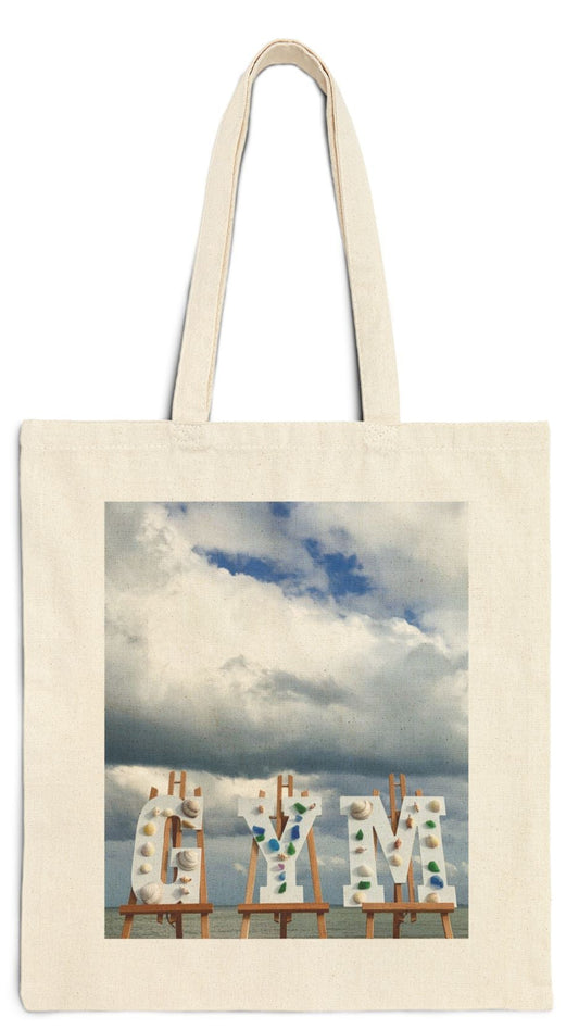 Gym Tote Bag Natural Color 15” x 16” Cotton Canvas Print on One Side. "Gym at the Beach"