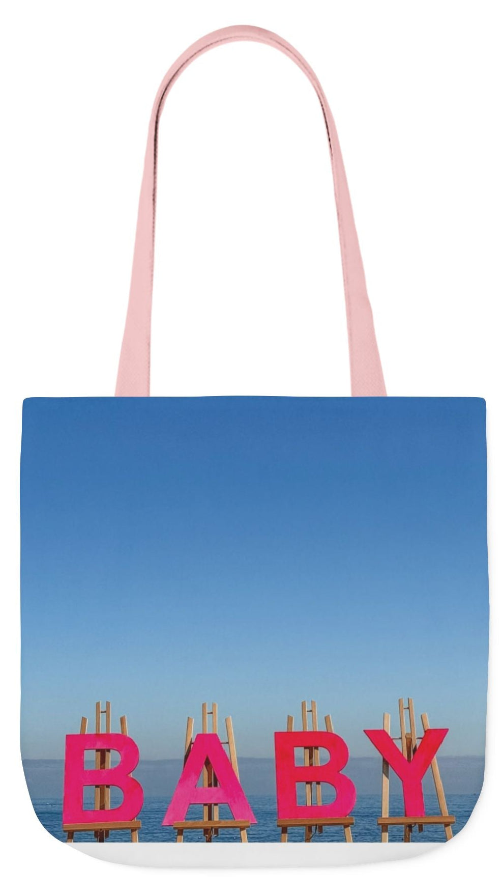 Baby Tote Bag (Pink Handles) 18”x 18” same print on each side with choice of pink or white handles. “Shoreline Baby Tote Bag”