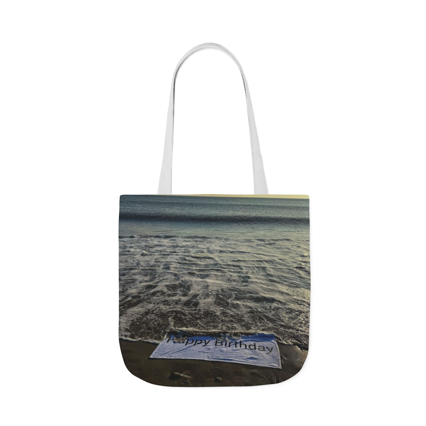 Birthday Tote Bag 18” x 18” different print on each side. 3 Handle Color Options. “Beach & Beachfront Birthday Bag Personalized”